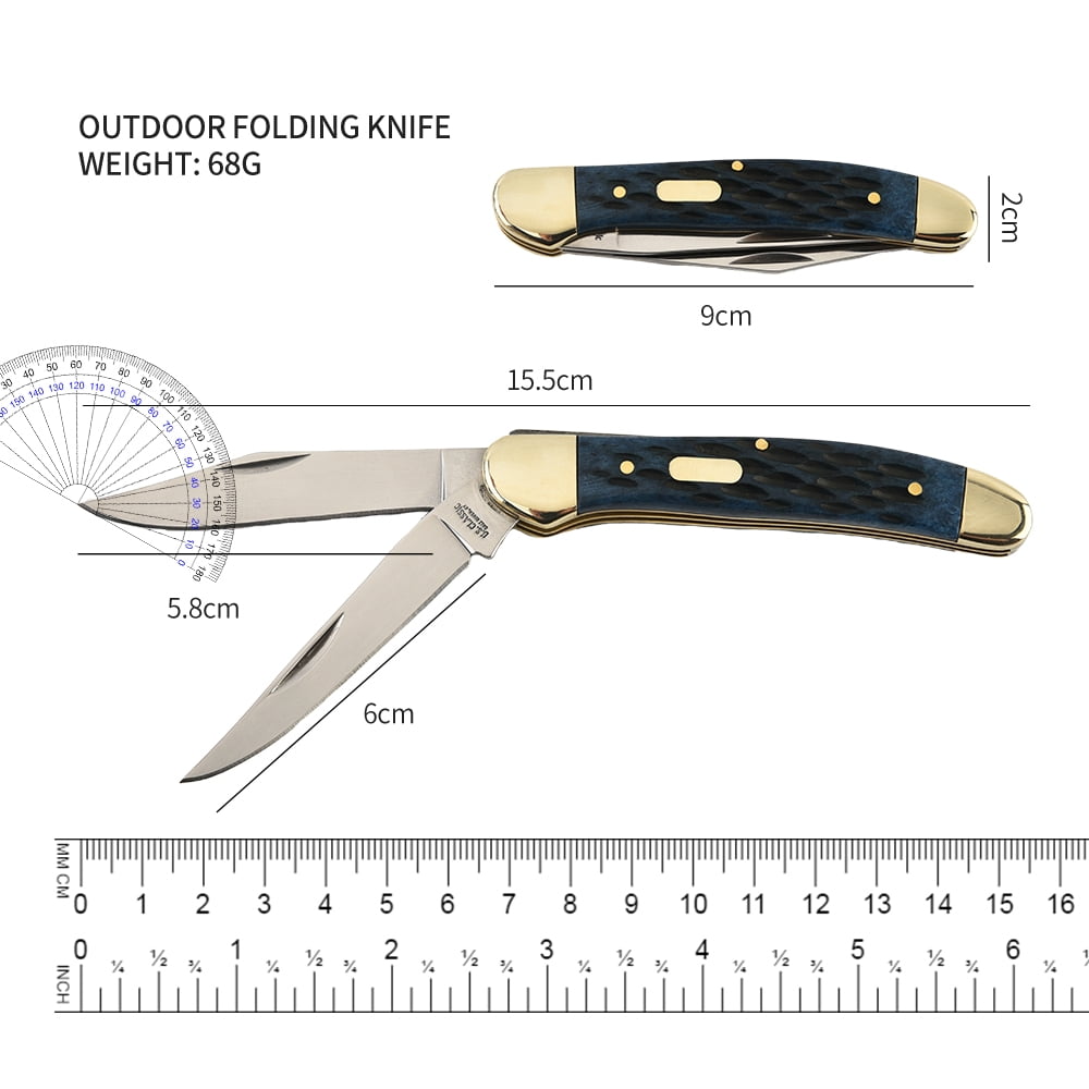 Dual Blades Hand Forged Folding Knife, Blue Cow Bone Handle Heavy Duty EDC Survival Gear for Camping Hiking, Gift for Outdoor Enthusiasts