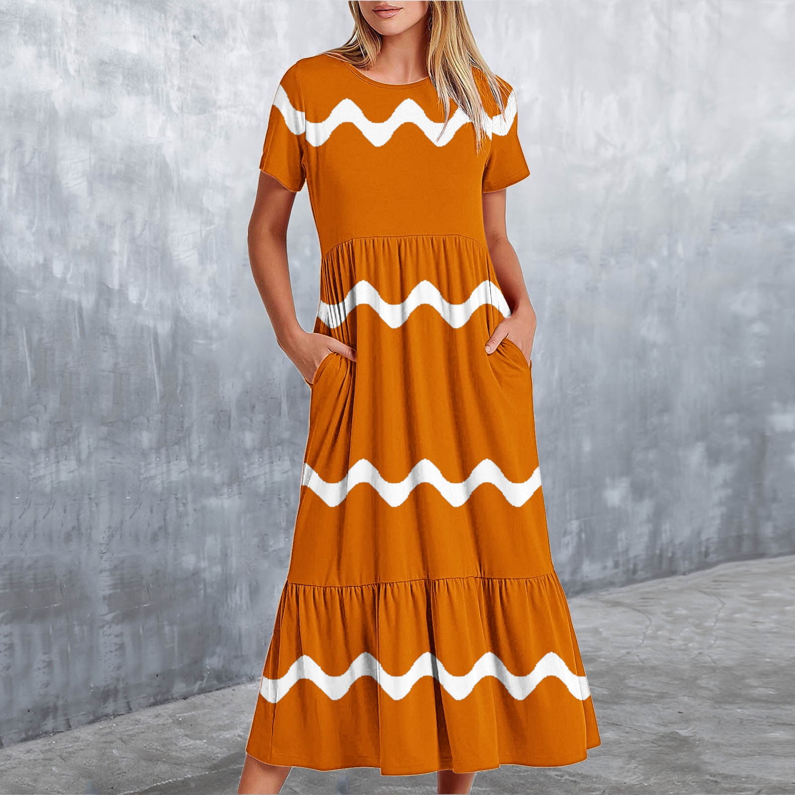Womens Short Sleeve Mid Long Dress with Pockets Fashion Wave Striped Print Pleated Casual Tiered Maxi T-shirt Dress (Medium, Orange)
