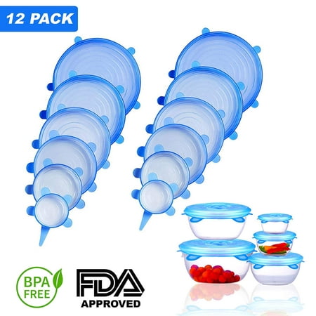 Silicone Flexible Stretch Lids Transparent Blue – The Ultimate Stretchable Instalids Silicon Cover Lid to Fit Multiple Containers Sizes and Keep Food Fresh, Freeze, Expandable, Reusable (12