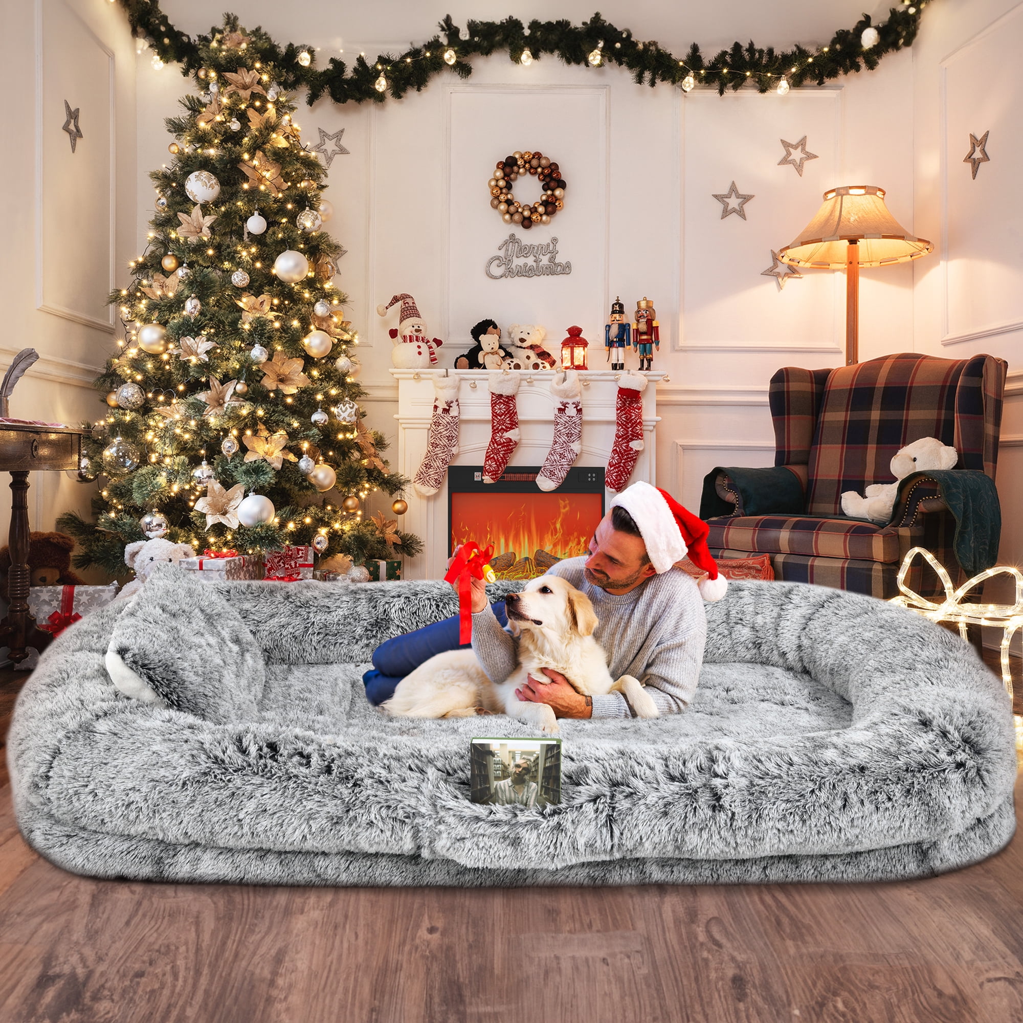 Dextrus Human Dog Bed, Oversized Memory Foam Dog Bed, 79"x43" with Blanket and Pillow, Removable Fur Cover, Grey