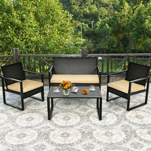 Gymax Ensemble de Mobilier d'Extérieur en Rotin Osier 4 Pcs, Ensemble de Conversation pour Patio avec Coussins