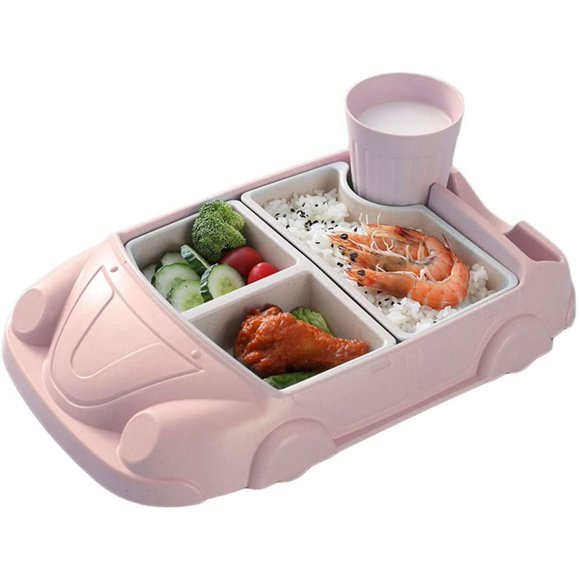 Assiette pour Enfants, Vaisselle pour Enfant Portable Antidérapant, Set Repas Bébé Ventouse Voiture De Dessin Animé pour La Plupart des Tables Et des Chaises Hautes (Rose)