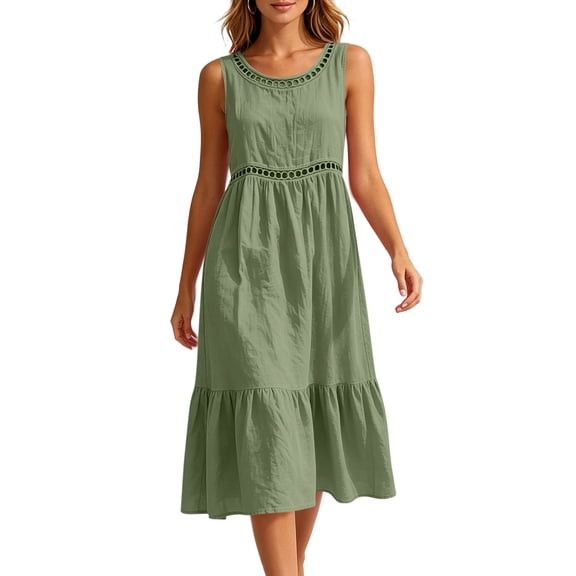 Dvprdro Cotton Linen Crew Neck Sleeveless Loose A Line Midi Dress for Women Summer Beach Casual Solid