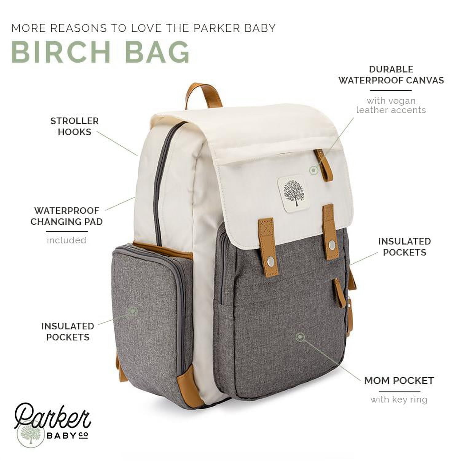 Parker Baby Co. Diaper Backpack with Changing Pad, Insulated Pockets & Stroller Straps, Cream