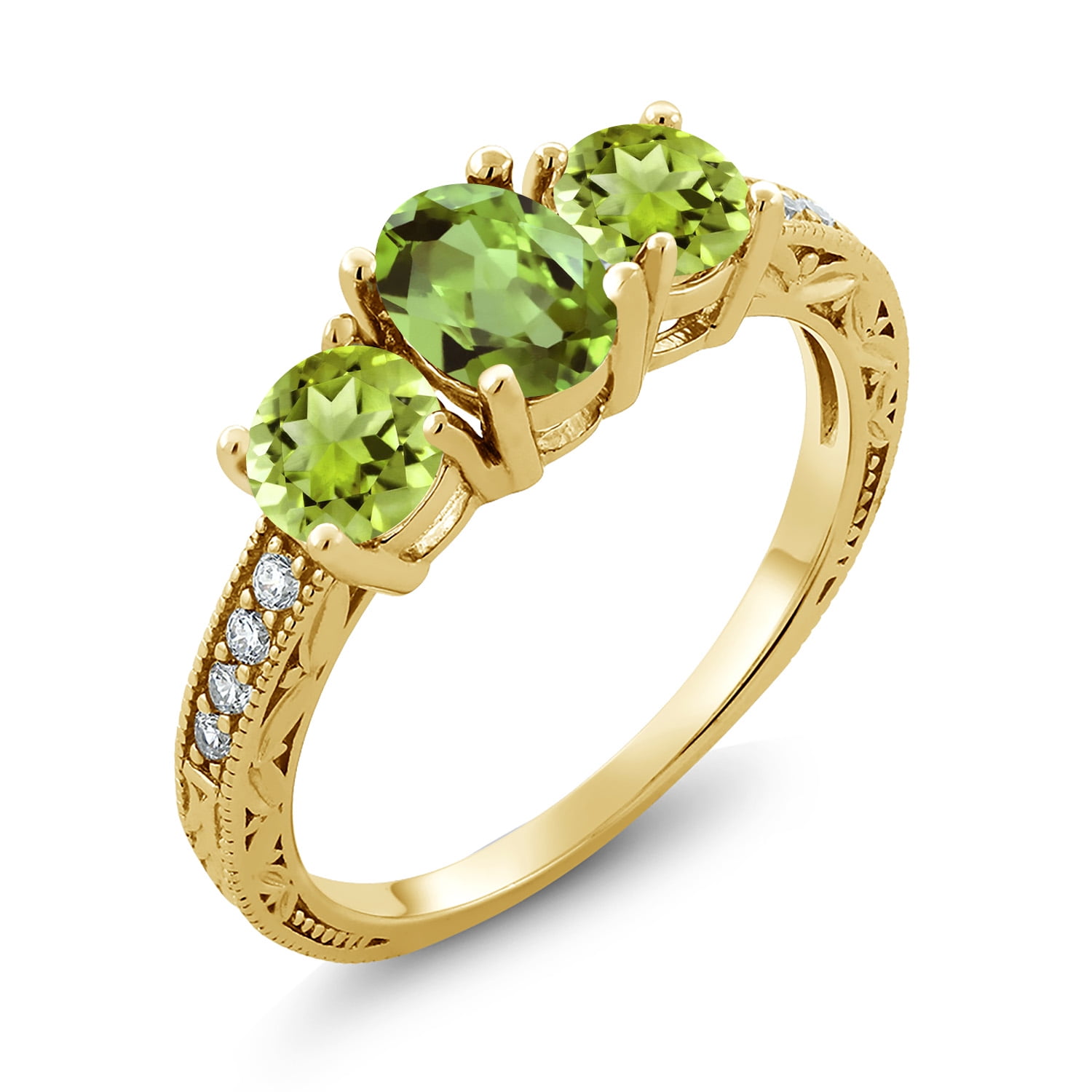 Gem Stone King 2.12 Ct Oval Green Peridot 18K Yellow Gold Plated Silver Moissanite Ring (Size 8)