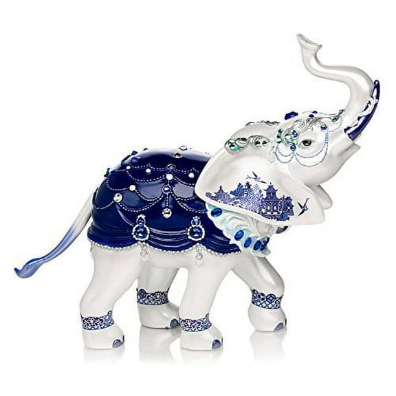 The Hamilton Collection Sparkling Blue Willow Hand-Painted Elephant Adorned with Swarovski Crystals Figurine 7-inches