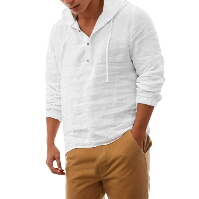 Mens Linen Cotton Hooded Casual Shirt - Long Sleeve, Solid Color, Chest Pocket - Spring/Summer Outdoor