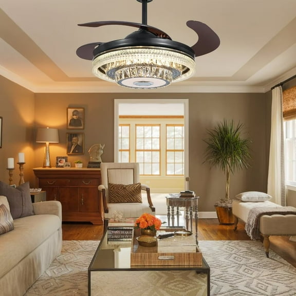 FINE MAKER 42 inch 7 Color Bluetooth Crystal Ceiling fan Light, Living room Remote Control Reversible 6 Speed Ceiling fan