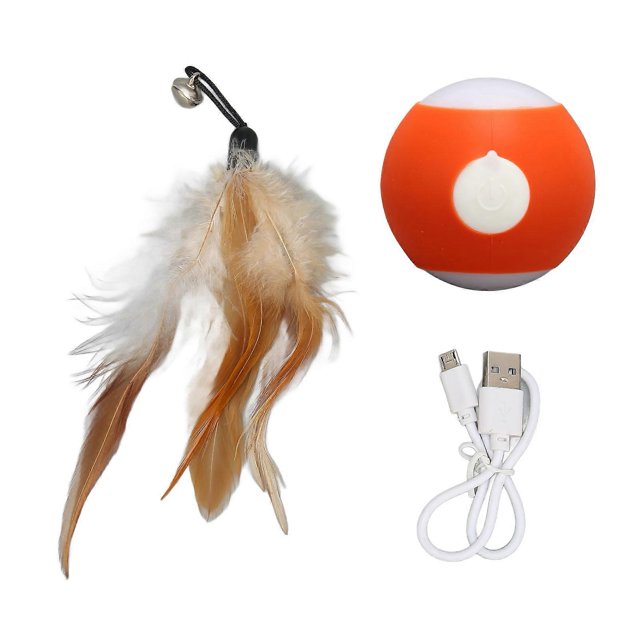 Interactive Cat Toys Ball Relieve Boredom Bite Resistant Electric Automatic Moving Bouncing Rolling Ball with Feather Orange