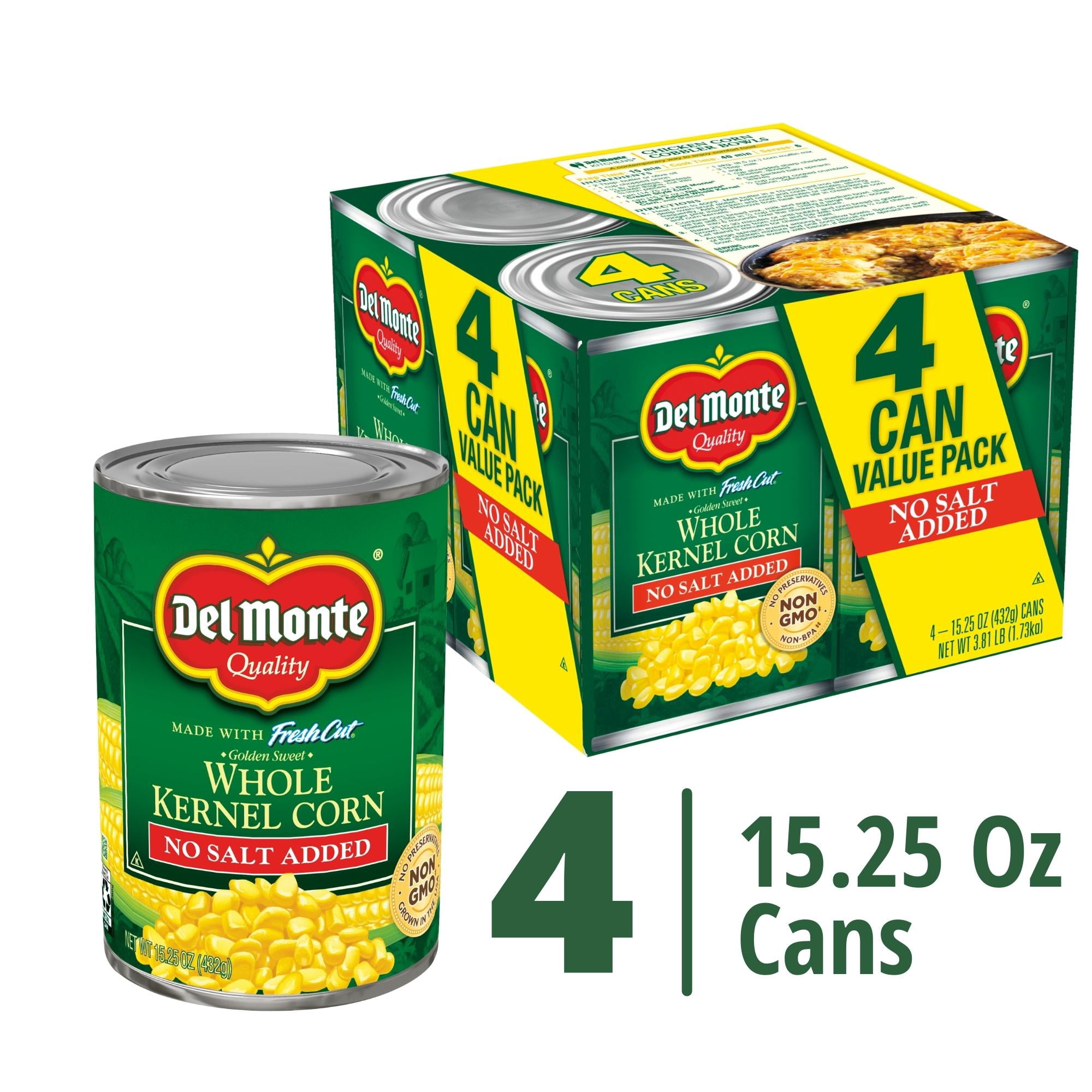 Del Monte No Salt Added Golden Sweet Whole Kernel Corn, 15.25 oz Can (Pack of 4)