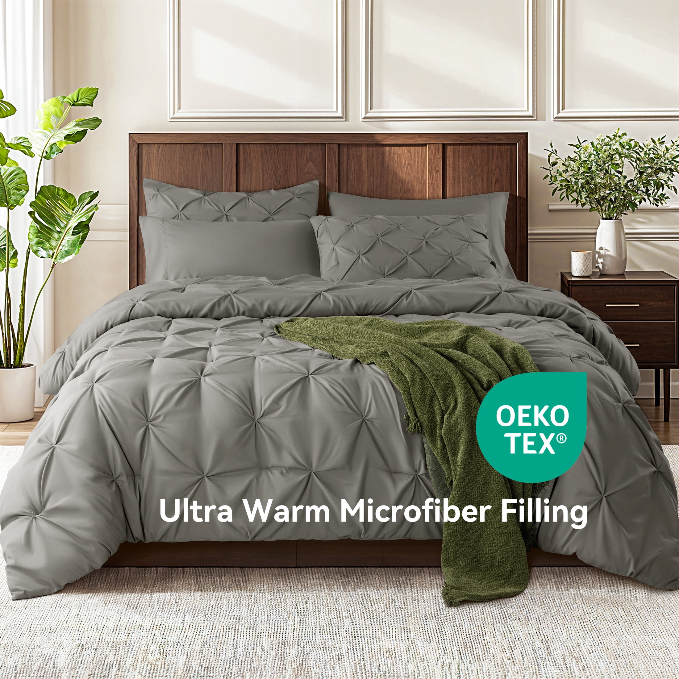 SONORO KATE Queen Comforter Set, 7 Pieces Bedding Sets for All Season, Bed in a Bag with Pleated Comforter - Flat Sheet & Fitted Sheet - Pillowcases & Shams, Gray