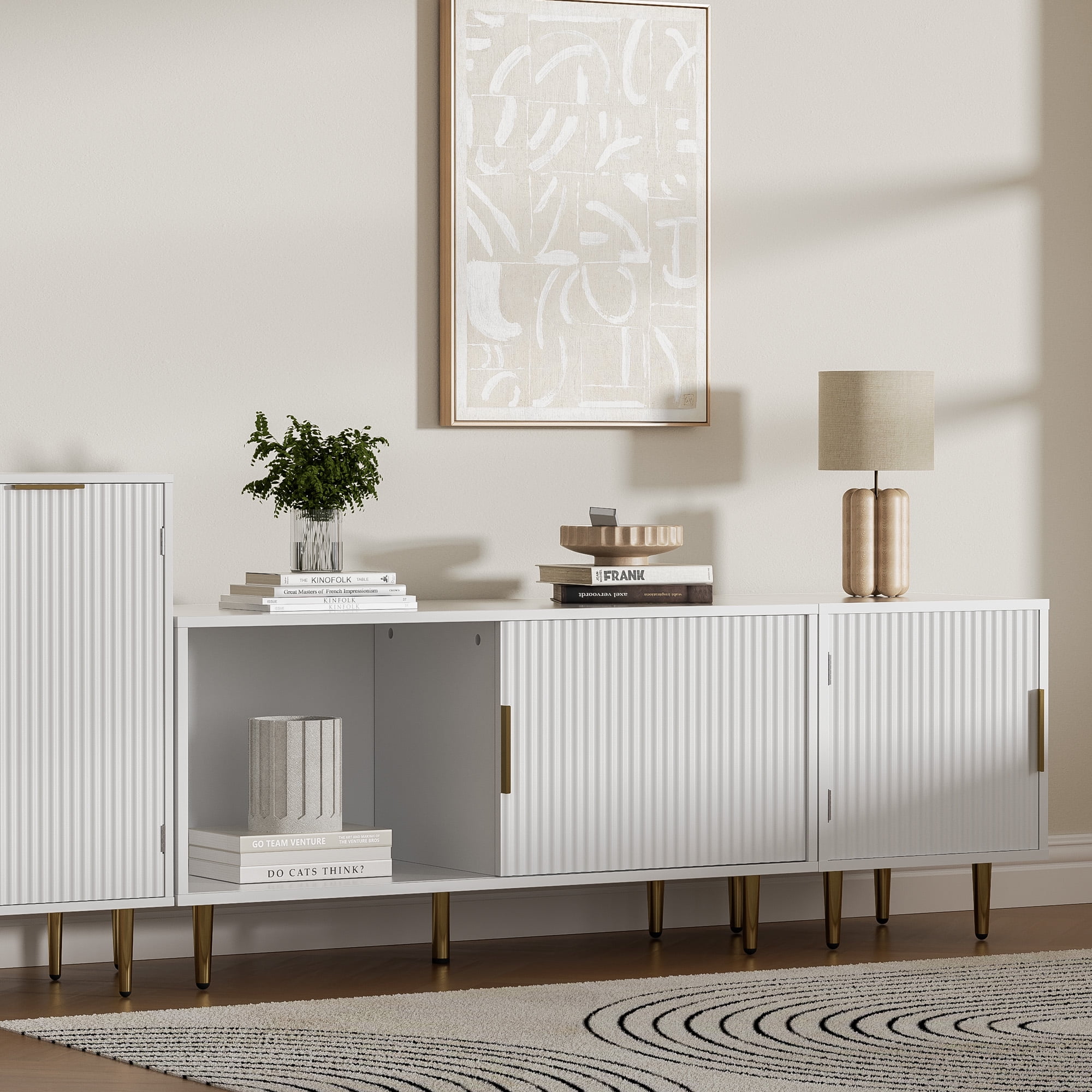 Combined Modern TV Stand For 55/60/65Inch TV,Small Entertainment Center With Adjustable Shelf,TV Media Stand With Storage Cabinet, TV Console With Gold Legs For Living Room,Bedroom,White