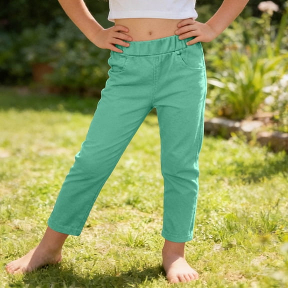 BRGZLK Pull On Pants for Girls 2026 Fall High Waisted Trendy Solid Color Elastic Waist Casual Soft Comfortable Skinny Pant Long Pants Green 6-7 Years
