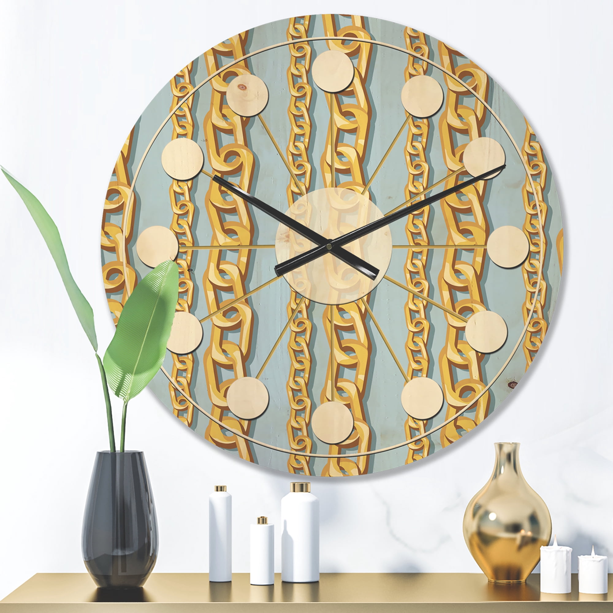 Designart 'Gold Chain Pattern on Blue' Mid-Century Modern Wood Wall Clock