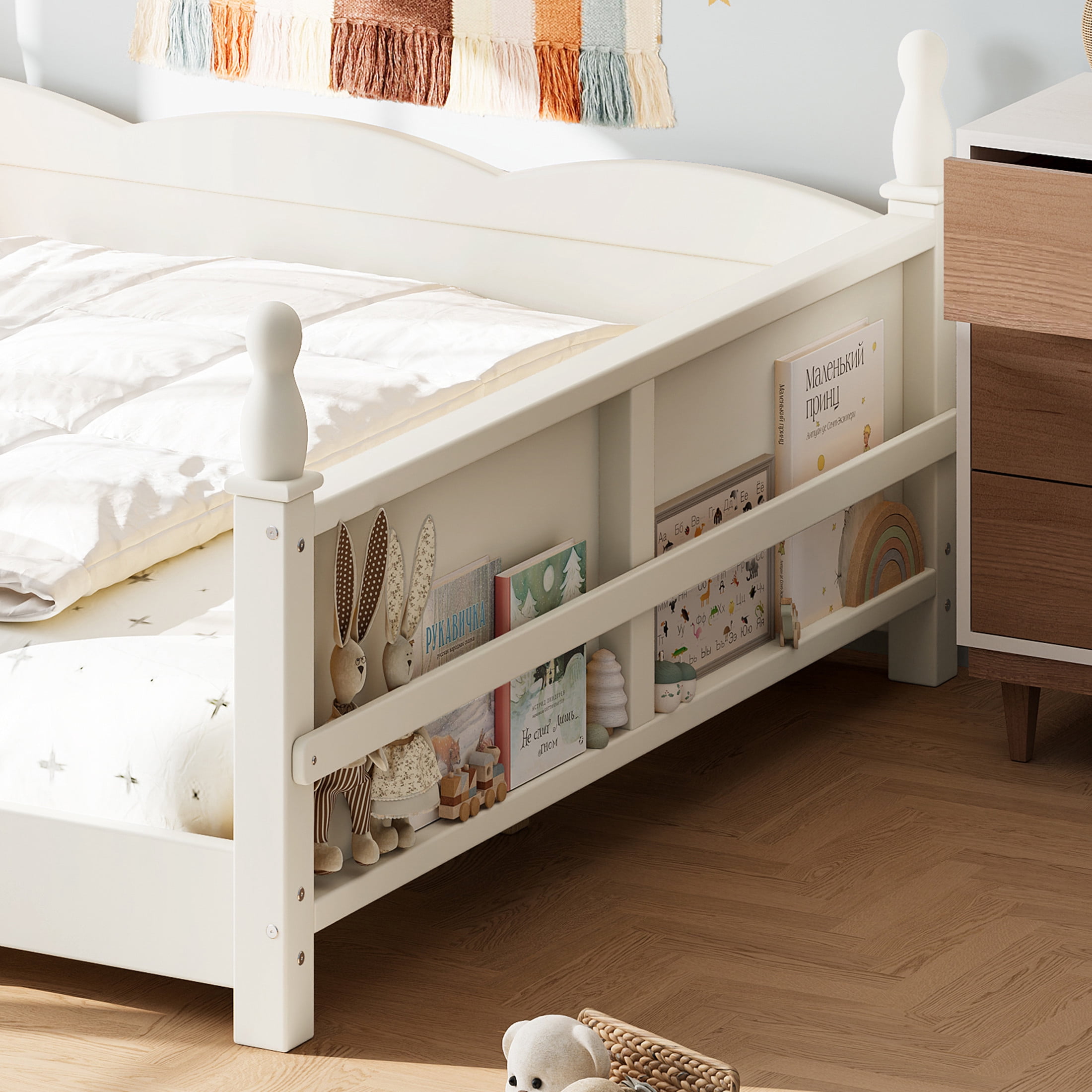 GDF Studio Full Size Montessori Floor Bed with Guardrails & Side Bookshelf, Childlike Design, Beige White