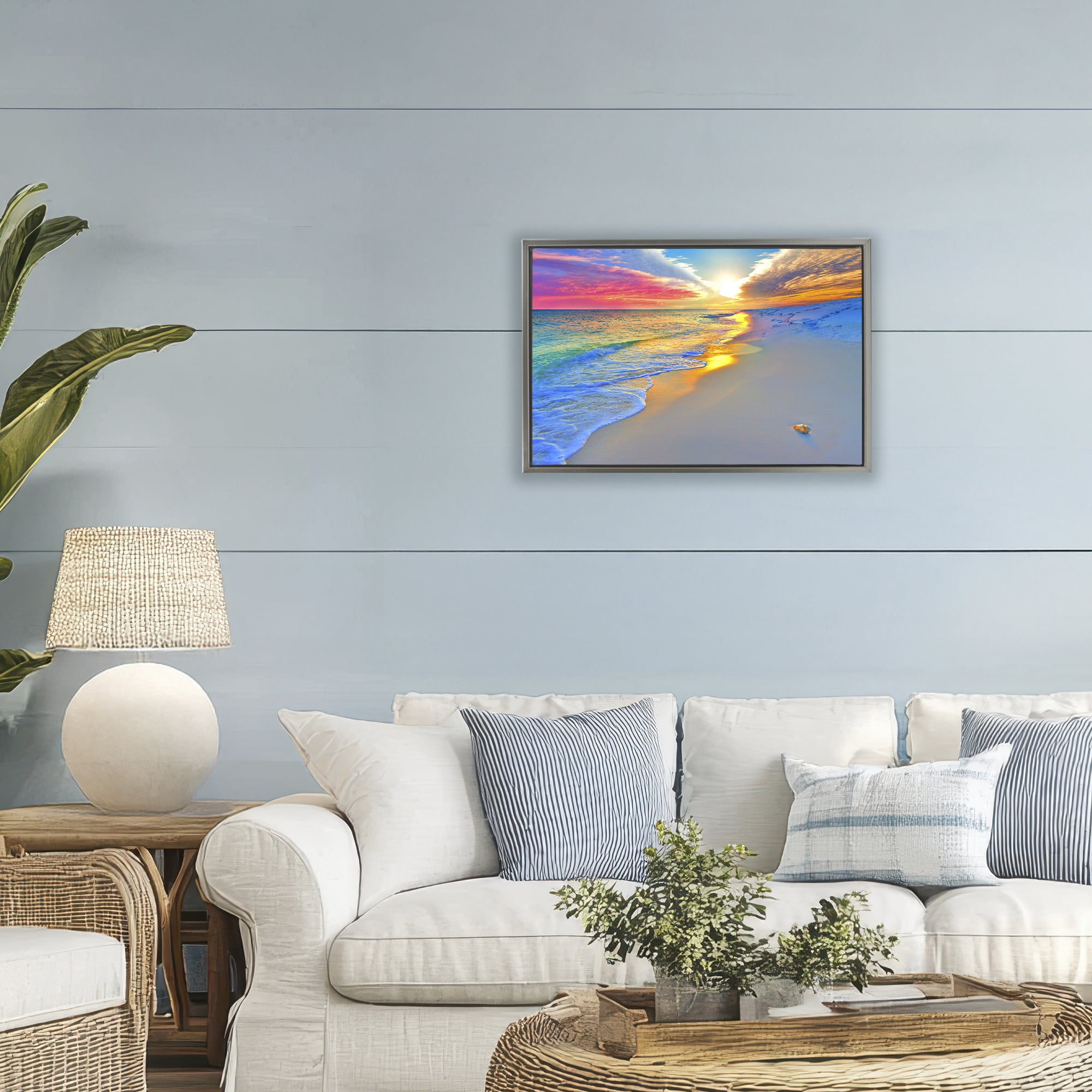 Stupell Industries Prismatic Rainbow Sunset Beach Gray Framed Floater Canvas Wall Art, design by Eszra Tanner