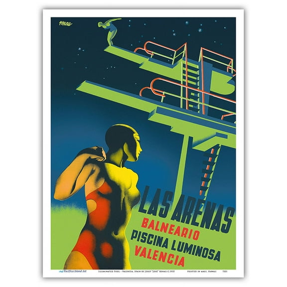 Illuminated Pool at Las Arenas Balneario Resort - Valencia Spain - Vintage Travel Poster by Josep “José” Renau c.1935 - Master Art Print (Unframed) 9in x 12in