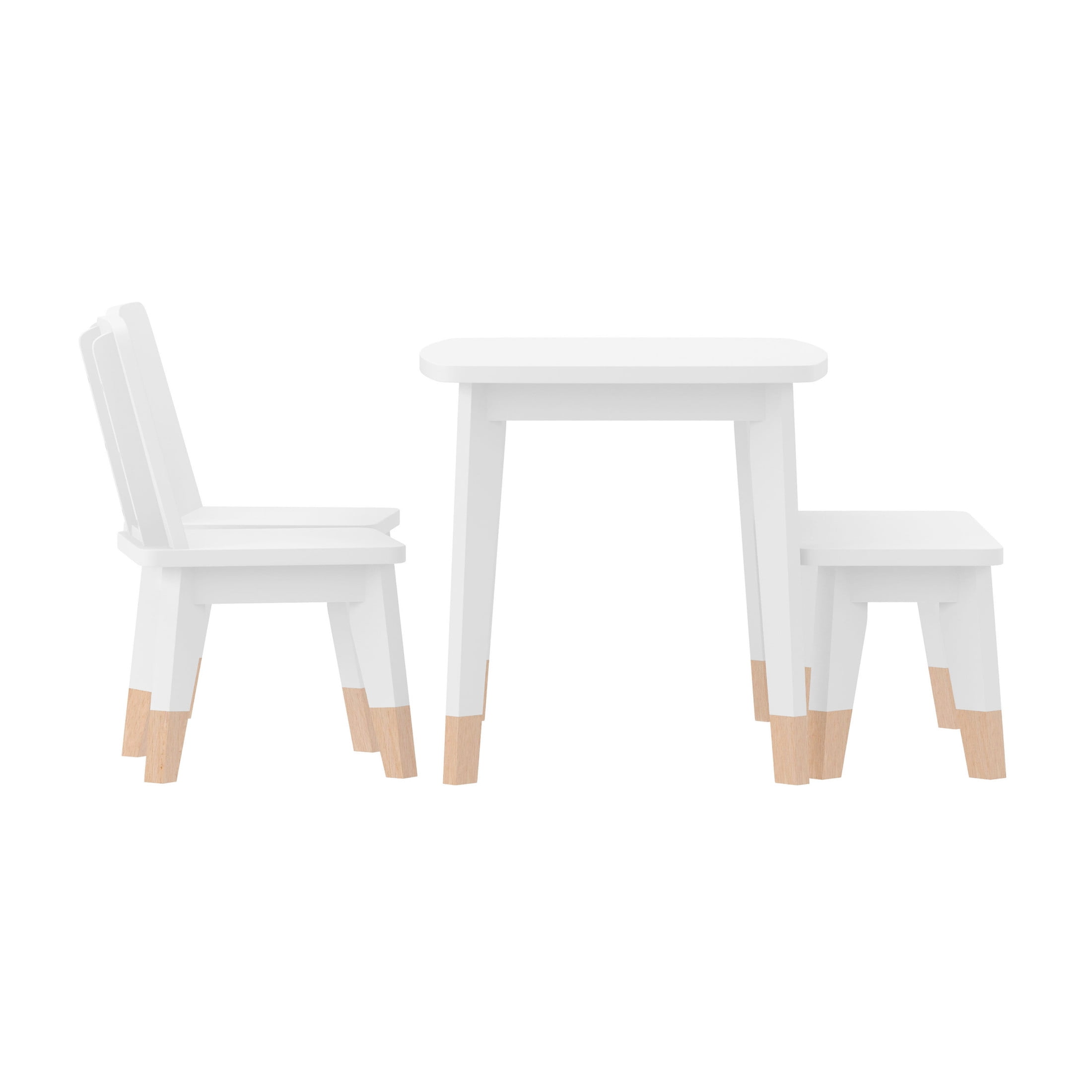 Buzz & Bloom Kids 4-Piece Wood Table, 2 Chairs, and Bench Seating Set with Rounded Corners, White/Natural