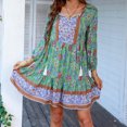 thumbnail image 5 of Wycnly Summer Dresses for Women Beach Flowy Ruffle Swing Strappy Vintage Bohemian Dresses Short Sleeve V-Neck Floral Print Mini Sun Dress Green M, 5 of 7