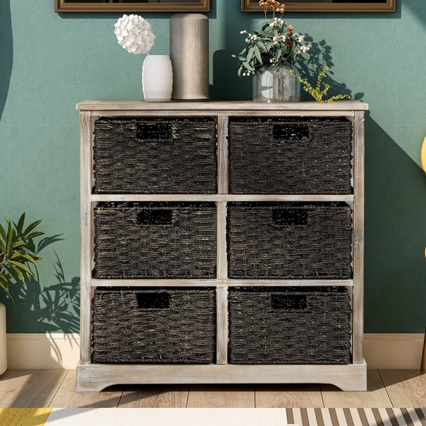Storage Chest Shelf Accent Storage with 6 Rattan