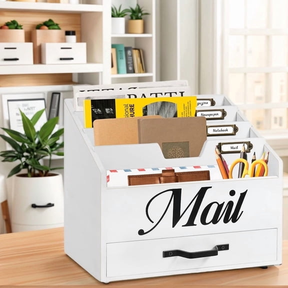 Desktop Mail Organizer With Drawer, White Wood Mail Holder Sorter Organizer Holder, Countertop Desk Office Accessories Organizer For File Letter Paper Folder, Desktop Organizer