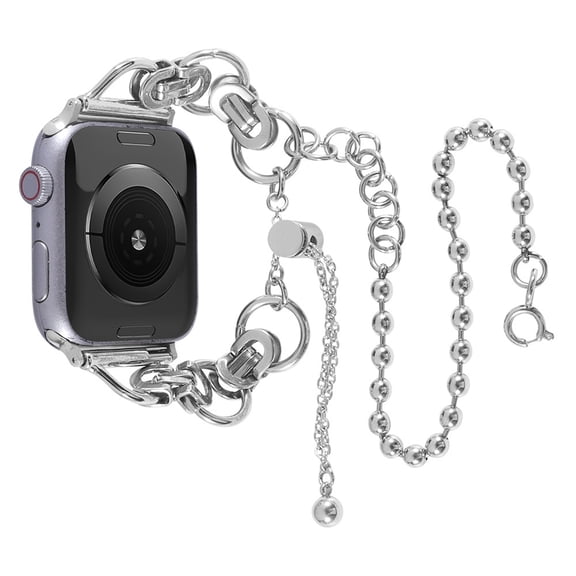 ELEHOLD Double Circle Bead Chain Stainless Steel Chain Jewelry Metal Strap Replacement Band Compatible for Apple iWatch Series SE/9/8/7/6/5/4/3/2/1 41/40/38mm,Silver
