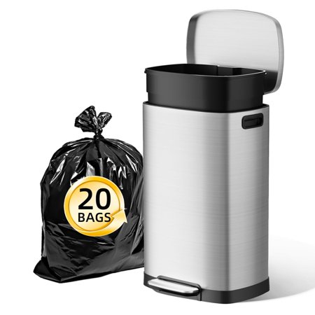 Gallon/50L Stainless Steel Kitchen Trash Can with Lid and Step Pedal-Large Capacity Garbage Bin with Odor Seal, Silent Close Lid, Removable Inner Bucket for Home, Kitchen, Bedroom, Office