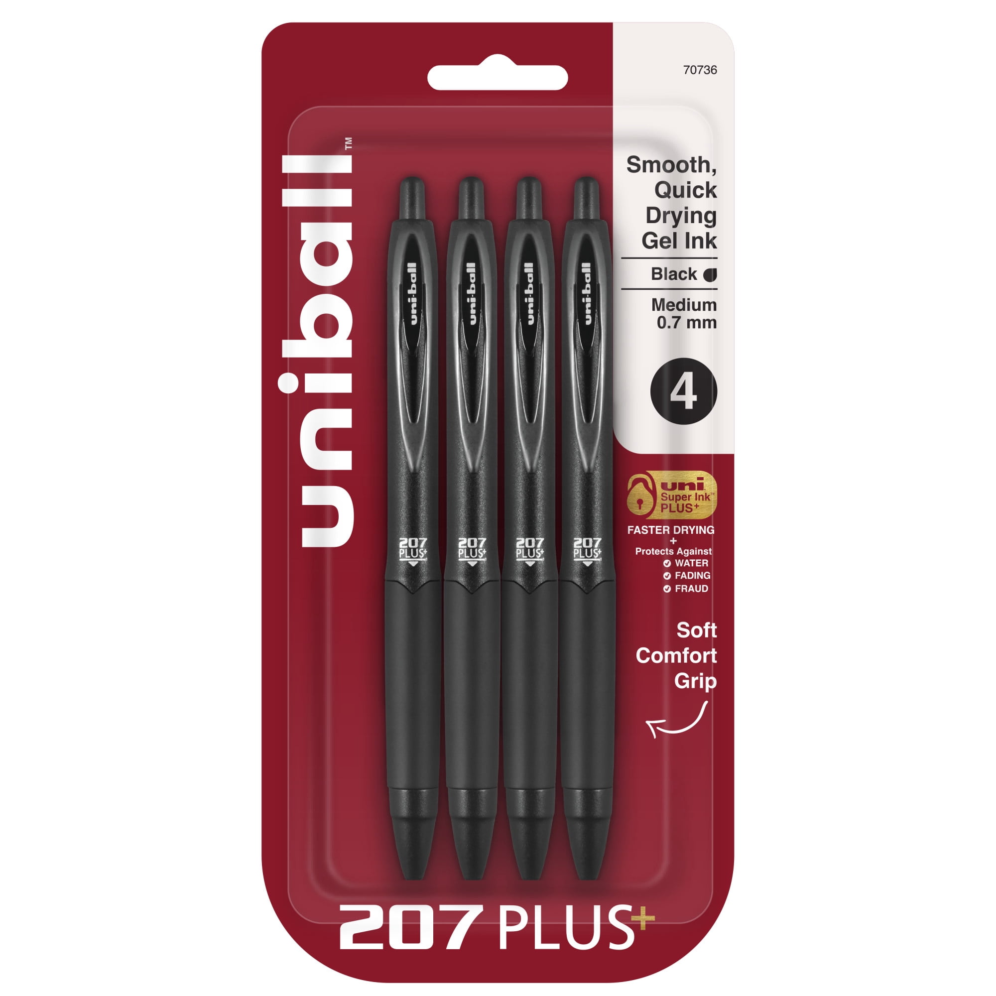 uniball 207 Plus+ Retractable Gel Pens, Medium Point, 0.7mm, Black Ink, 4 Count