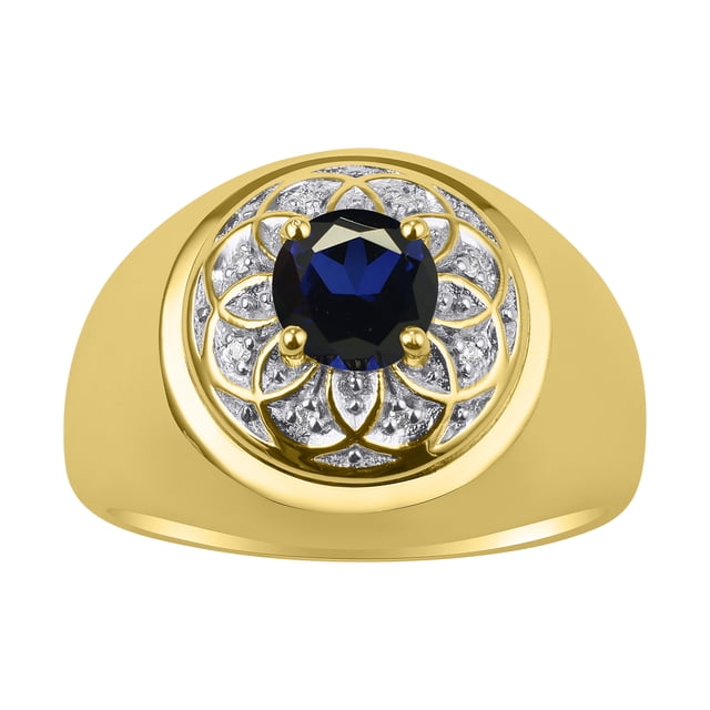 RYLOS Men's Rings 14K Yellow Gold Designer Gypsy 7MM Round Gemstone & Diamond Ring Sapphire September Birthstone Size 9