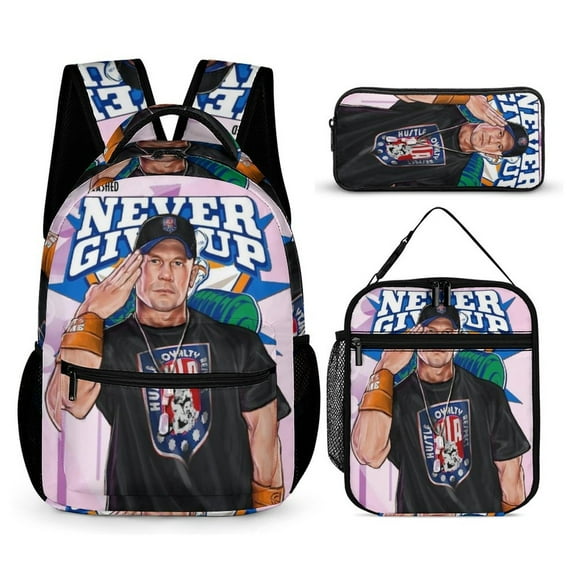 3-PieceW-W-E John Cena Large Capacity Anime Backpack with Lunch Bag & Pen Case | Casual Schoolbag for Travel, Outdoor, Fashion Daypack