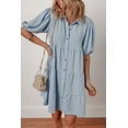 thumbnail image 3 of Casual Summer Shift Dress in Solid Blue - Button Up with Pleated Details and Puff Sleeves | [ZhiHiMeRi] | (US 4-6)S, 3 of 10