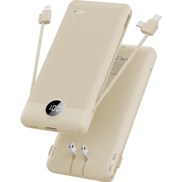 Cargador portátil VRURC de 10000 mAh con cables integrados y enchufe de pared
