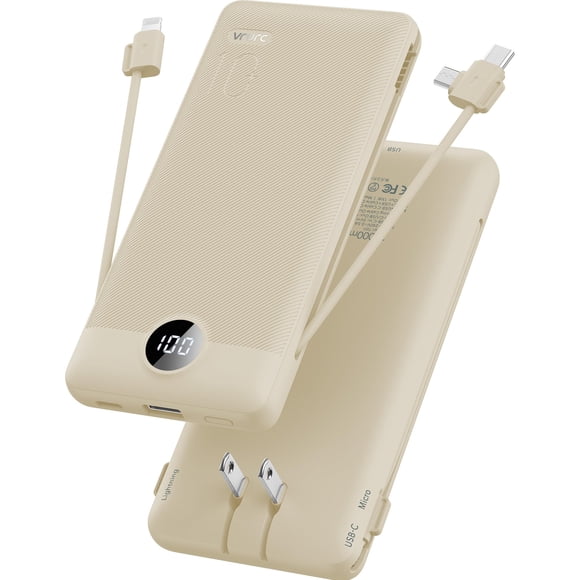 Cargador portátil VRURC de 10000 mAh con cables integrados y enchufe de pared