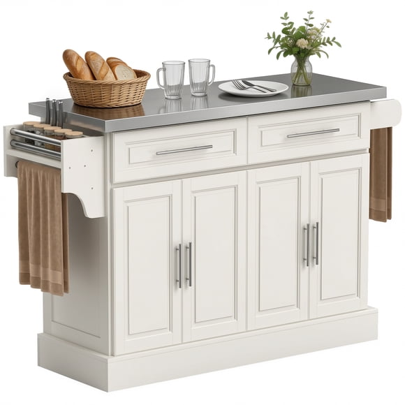 HOMCOM Kitchen Island with Storage, Rolling Kitchen Cart, Cream White