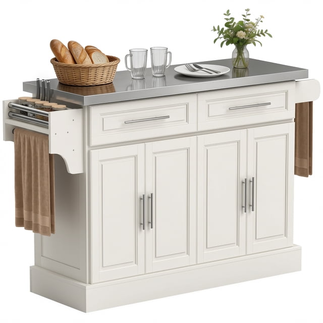 HOMCOM Kitchen Island with Storage, Rolling Kitchen Cart, Cream White