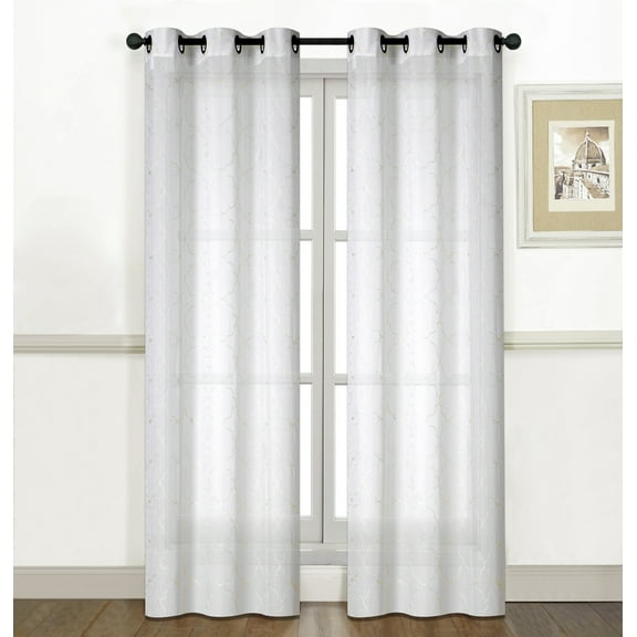 2 Pack: Extra Long Sheer Embroidered Lattice Grommet Curtains - Beige