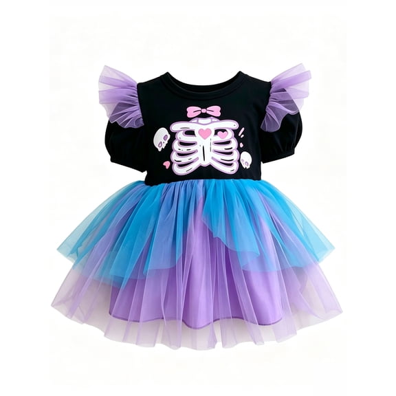WIBACKER 6M-4Y Baby Girls Ghost Skeleton Halloween Dress Colorful Ruffle Short Sleeve Tulle Dresses Kids Halloween Costume