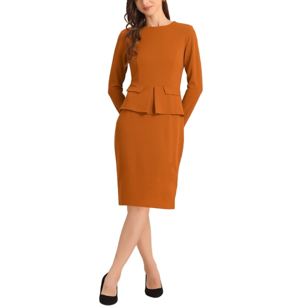 Vestido de trabajo ajustado de peplum para mujer INSPIRE CHIC, cuello redondo, de manga larga, cintura alta, midi, color caramelo, talla L