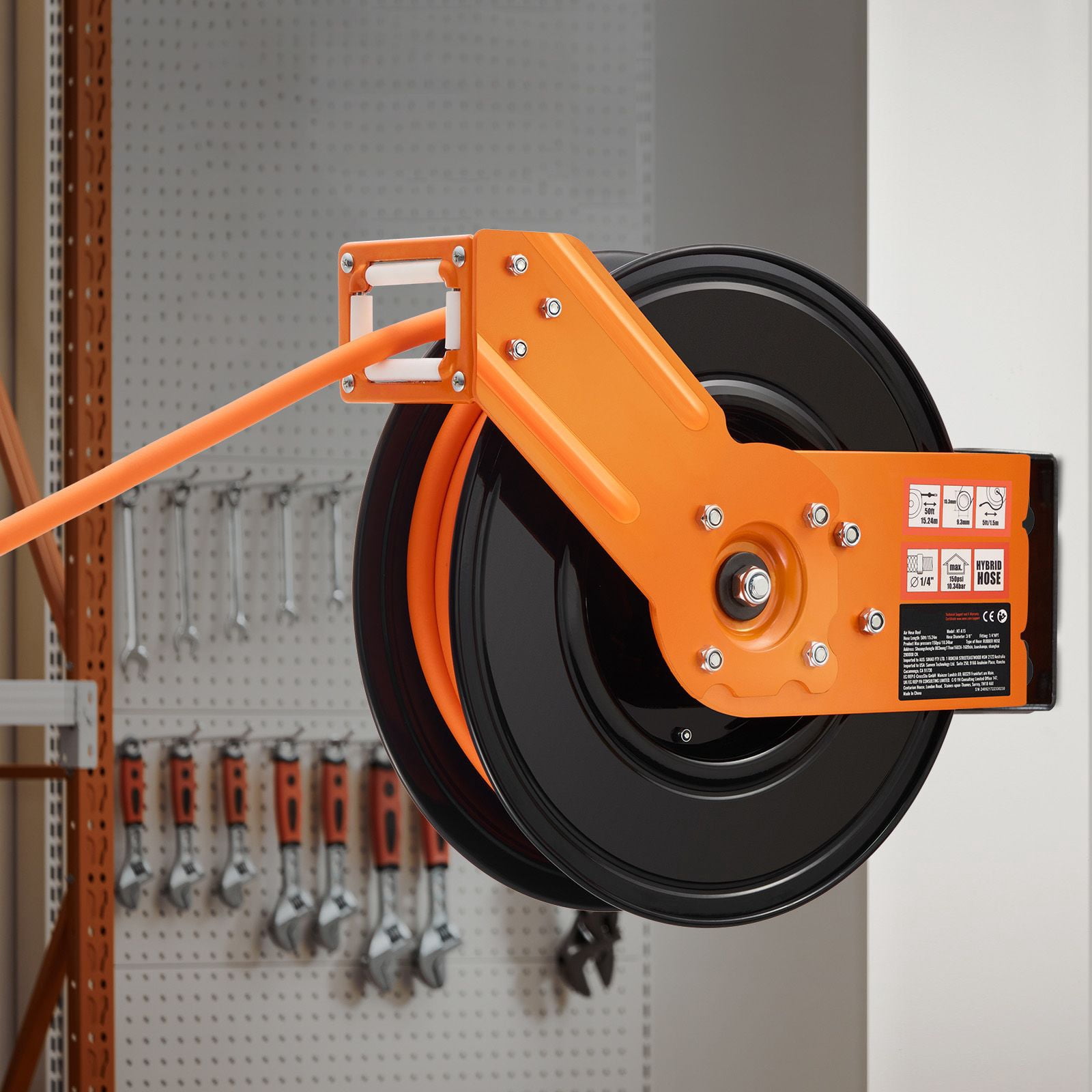 Chateauy Retractable Air Hose Reel, 3/8" x 50FT Rubber Hose 300PSI, 5FT Lead-in 180° Swivel Bracket Single Arm Reel