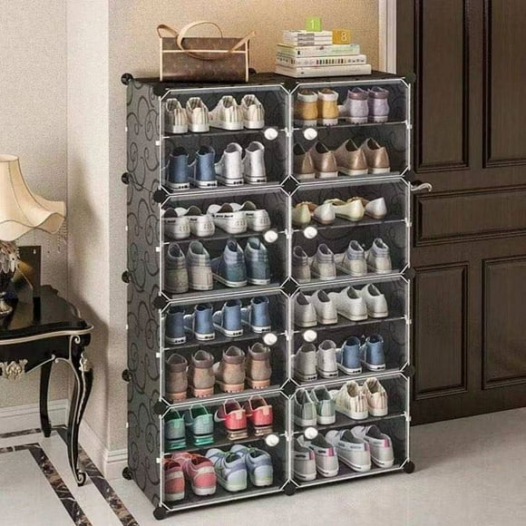 AGASY Shoe Rack, 16 Tiers Shoe Storage Cabinet 32 Pair Plastic Shoe Shelves Organizer for Closet Hallway Bedroom Entryway (8 Cubes, Black Transparent)