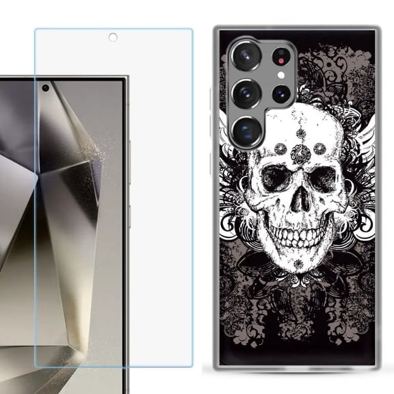 OneToughShield ® Compatible with Samsung Galaxy S24 Ultra, Shockproof Phone Case, with Tempered Glass Screen Protector - Grunge Skull