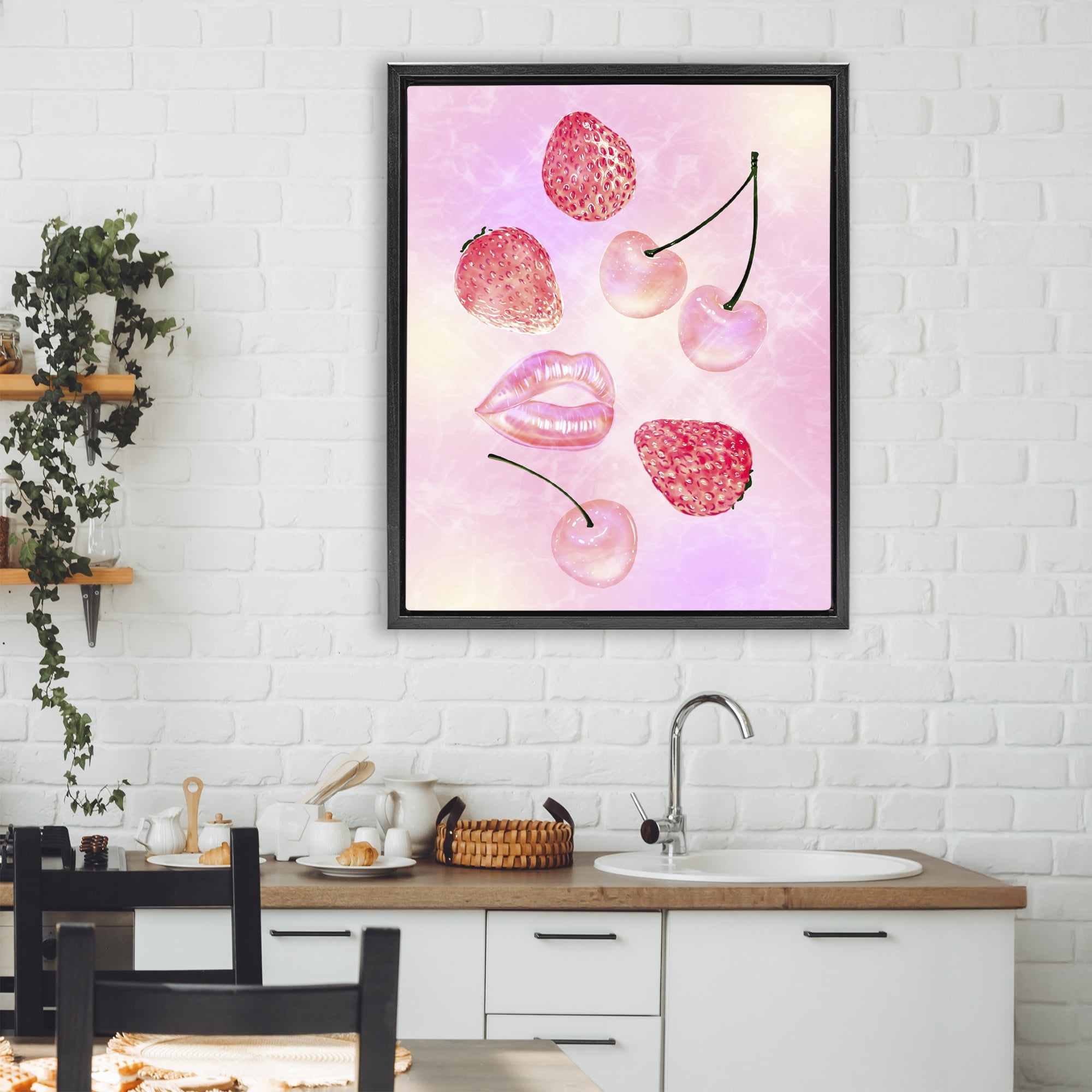 Pink Fruits and Kisses Black Framed Floater Canvas Wall Art, design by Ziwei Li