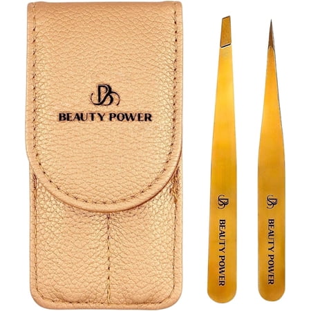 Beauty Power Precision Tweezers for Women Facial Hair & Men – Professional Tweezers Set with Slant & Point Tips German Stainless Steel PU Leather Travel Case Lightweight & Ultra Precision – Gold