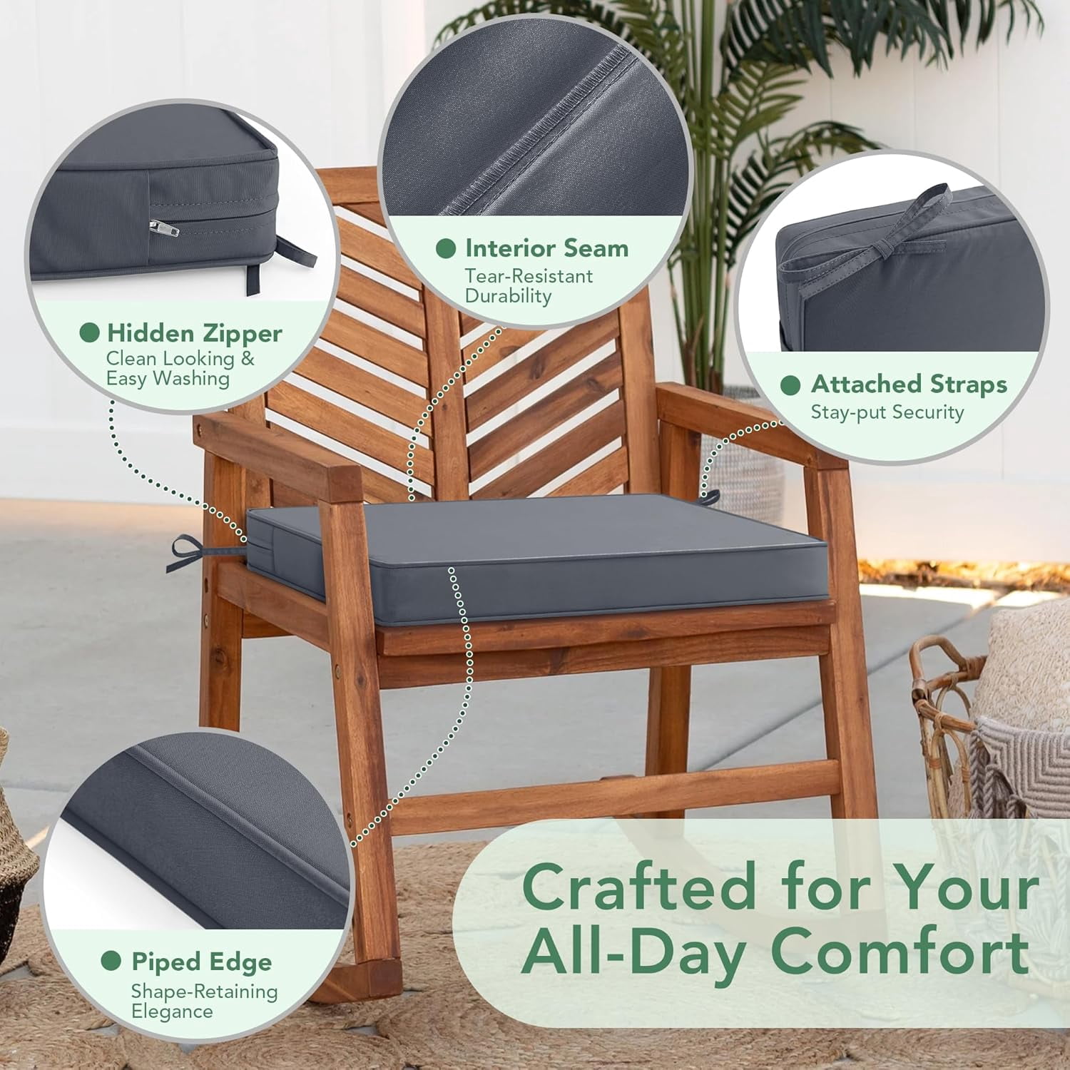 Outdoor Chair Cushions Set of 4: Waterproof & Fade Resistant Seat Cushion for Patio Furniture - 18.5 x 16 x 2 Inch Chair Pads with Ties and Hidden Zipper - Patio Chair Cushion Replacement, Dark Grey
