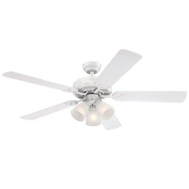 Westinghouse 7236400 52 in. ceiling fan with dimmable LED light fixture featuring a white finish and reversible blades in white and white washed pine. Includes three frosted ribbed glass shades and LED bulbs for energy-efficient illumination. This traditional ceiling fan provides substantial air circulation and is ideal for indoor use in kitchens, living rooms, or bedrooms.