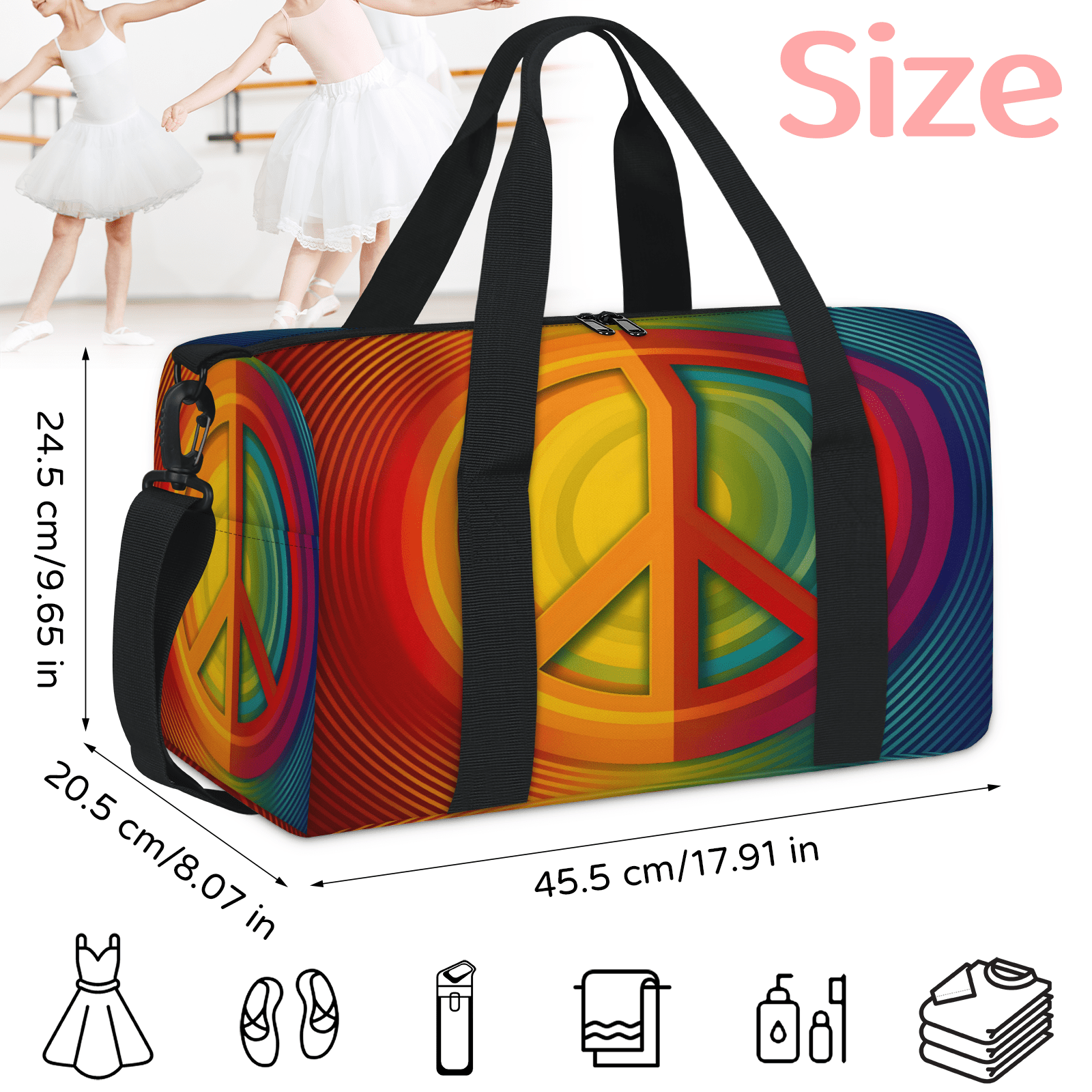 Herdesigns Rainbow Hippie Peace Symbol Gym Bag for Women, Duffle Bag for Travel Sport, Lightweight Waterproof Carry on Weekender Overnight Dance Yoga Workout Bags