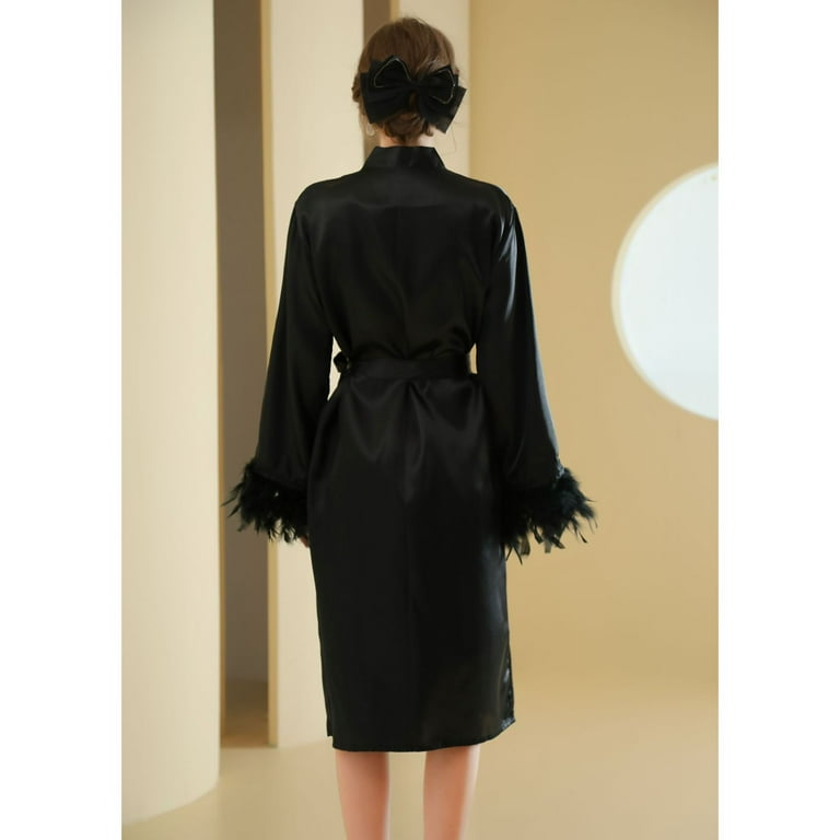 Women's Satin Robe Luxury Bridal Party Comfy V Neck Bathrobe Faux Leather  Kimono Robe Summer Long Sleeve Lightweight Bridesmaid Black Large -  Walmart.com