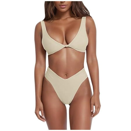 JIANJIA Womens Swimsuits Solid Color Strappy Brassiere With High Waisted Thongs Sexy Fashion Swimsuit Beach Two Piece Bikinis Swimwears Bathing Suits Beige S