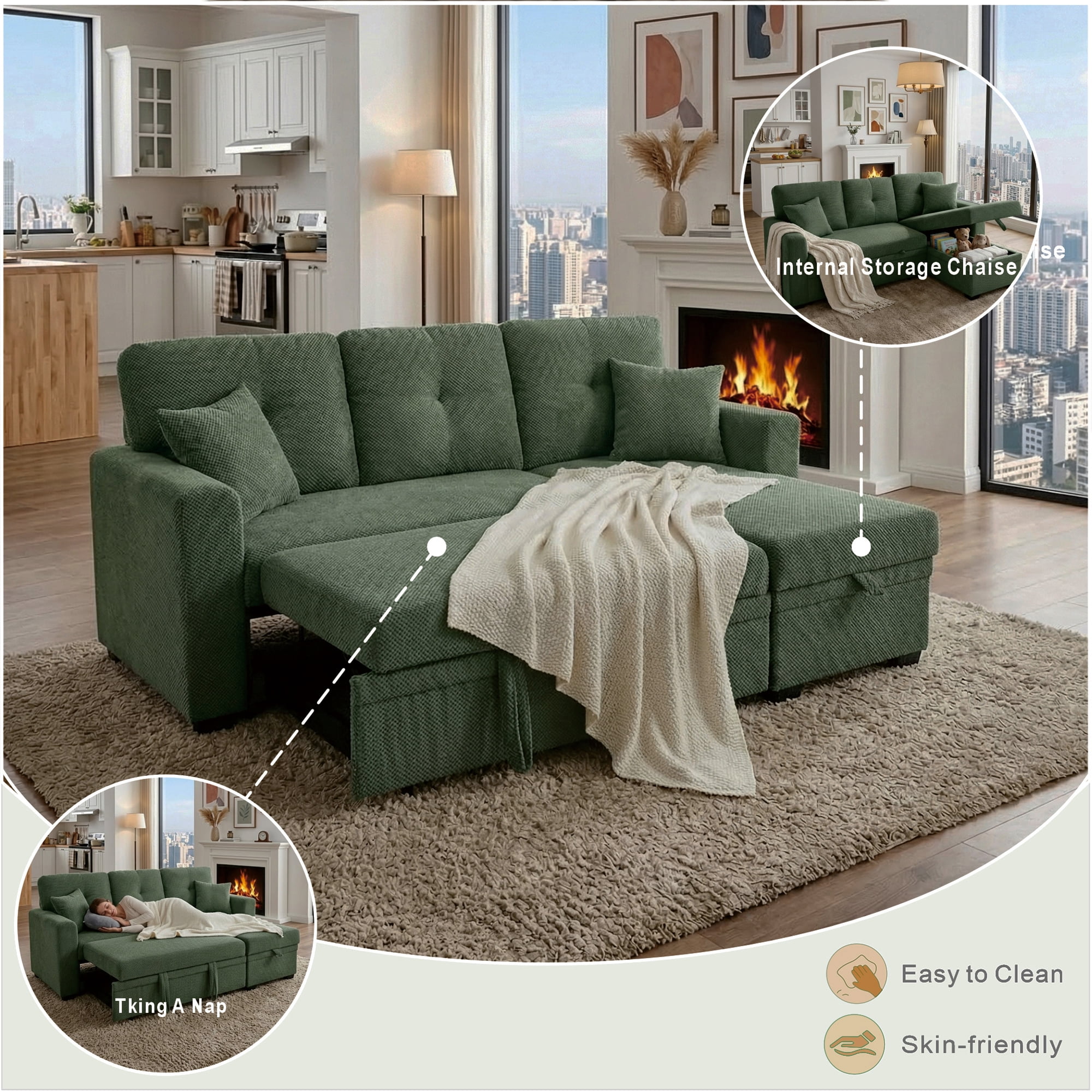 Leumius L Shaped Sectional Sofa with Pull Out Bed and Storage Chaise, 3 Seater Sectional Couch Convertible Sofa Bed for Small Space, Apartment & Guest Room, Dark Green