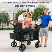 Vipsafe Foldable Wagon Stroller for 4 Kids, All-Terrain Convertible Baby Stroller for Toddlers with 5-Point Harness, Foot Brake, 9-Level Adjustable Handle, Removable Canopy, Black